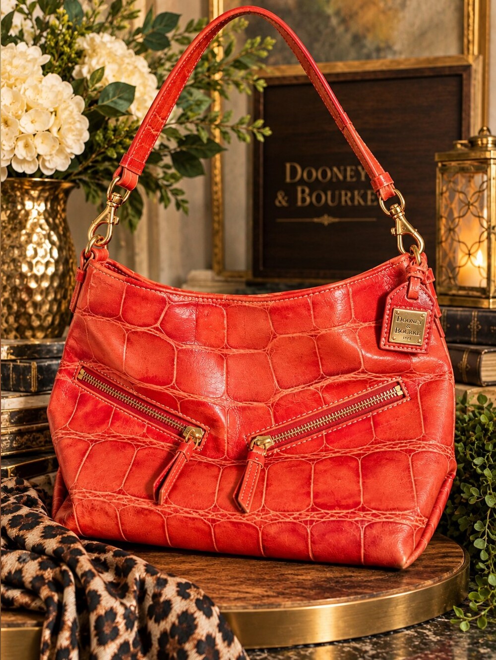 Dooney & Bourke Medium Cinzia Red Croco Embossed Leather Hobo Bag